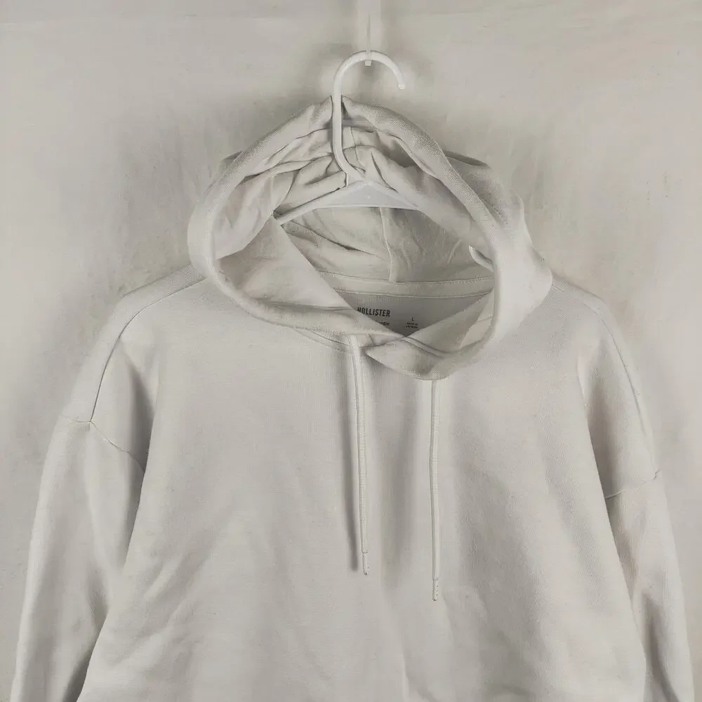 Hollister Hoodie Mens Large White Cooling Relaxed Fit Pullover Fleece Sweatshirt